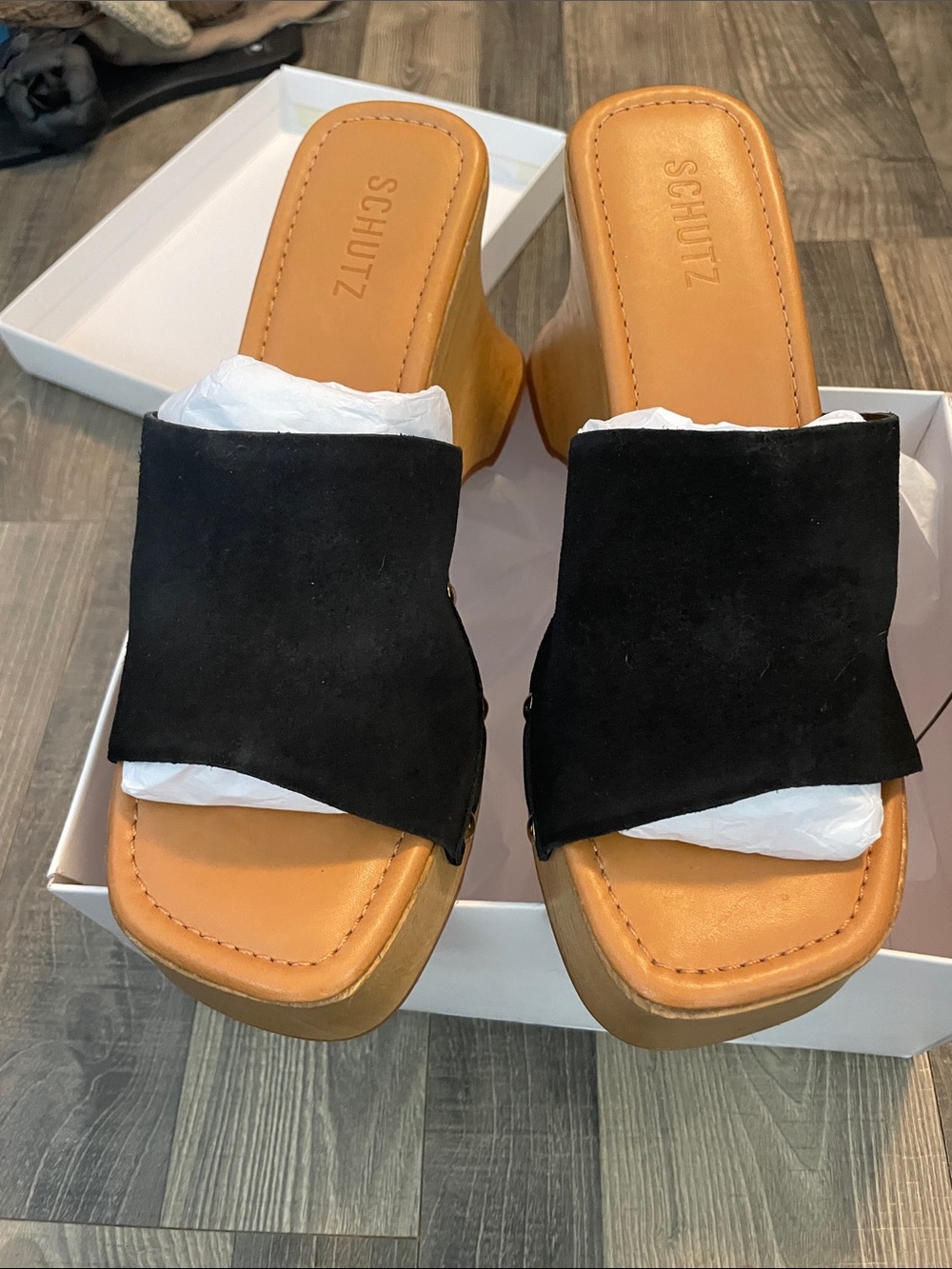 SCHUTZ Black Suede Slide Mules with Tan Footbed- style Lanneh
